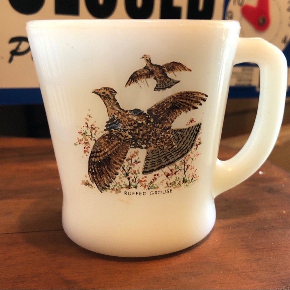 10982 Vintage Fire King Mug Ruffled Grouse Game Birds Oven Ware 3 3/8" Tall